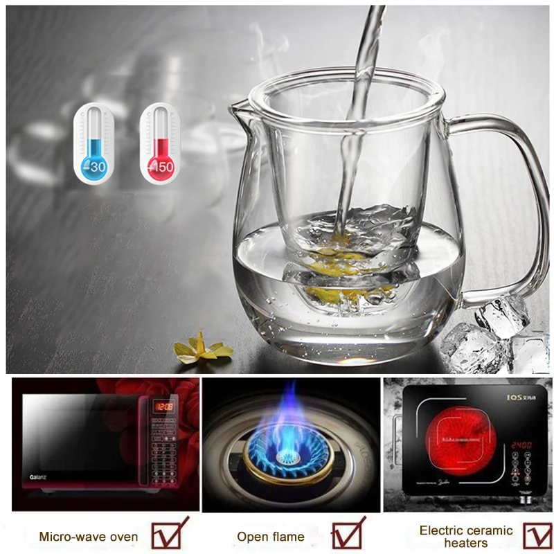 Borosilicate Glass Tea Set 600ml Heat Resistant Explosion-Proof Teapot 100ml Teacups Lead-Free, Milk, Rose，Fruit Quality Teaware