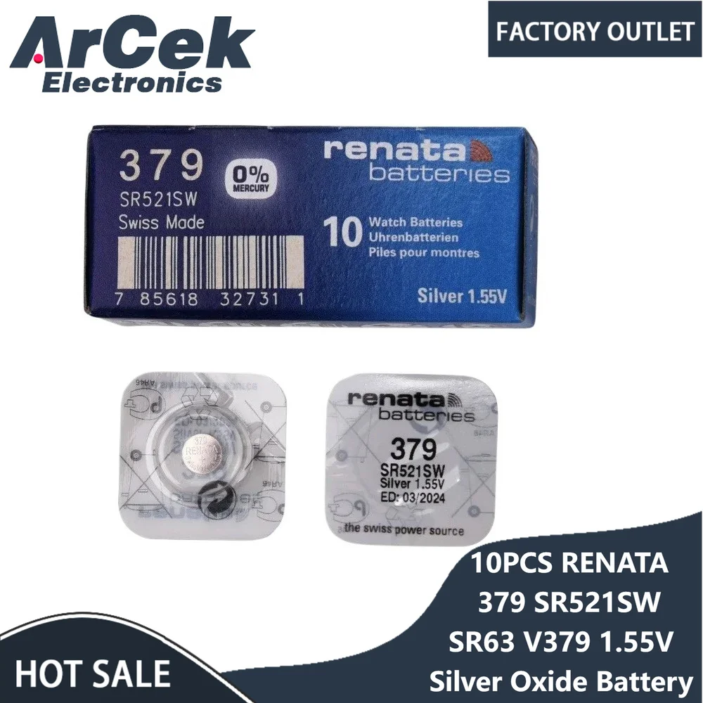 10PCS RENATA 379 SR521SW AG0 D379 SR63 V379 1.55V Silver Oxide Battery for Watch Toy Camera Alarm Swiss Made Button Cell