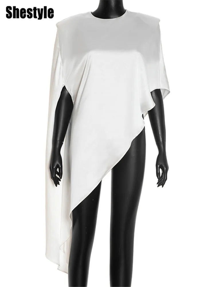 Shestyle Elegant White Pullover Blouse Women Irregular Solid Satin High End Design Crew Neck Shoulder Pads Zipper Fly Top Shirt