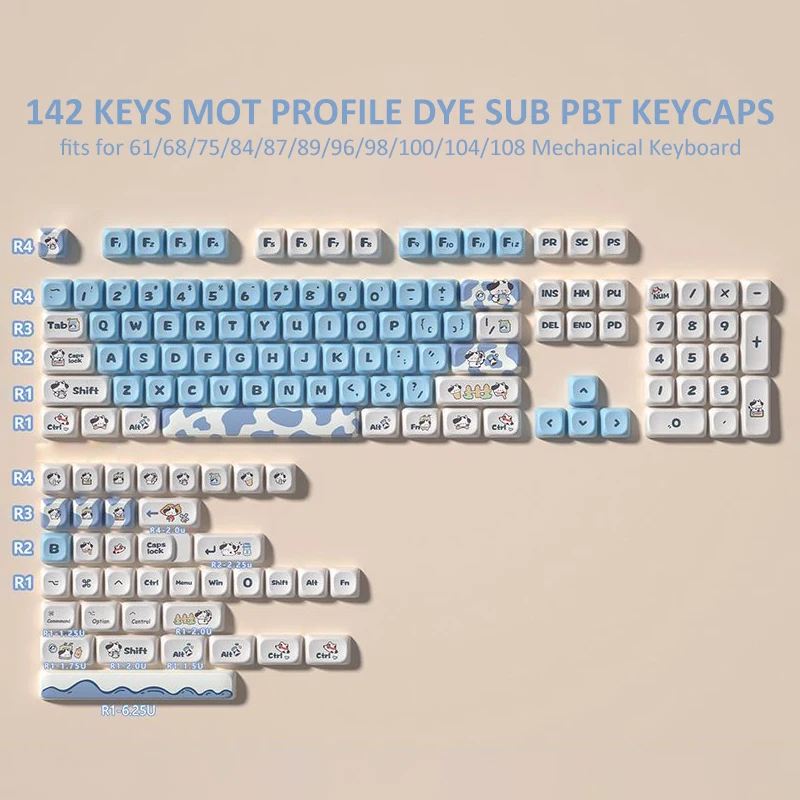 

142 Keys MOT Profile Keyboard Keycaps Cow Themed Dye Sub PBT Keycaps for Cherry Gateron MX Switches Mechanical Keyboard