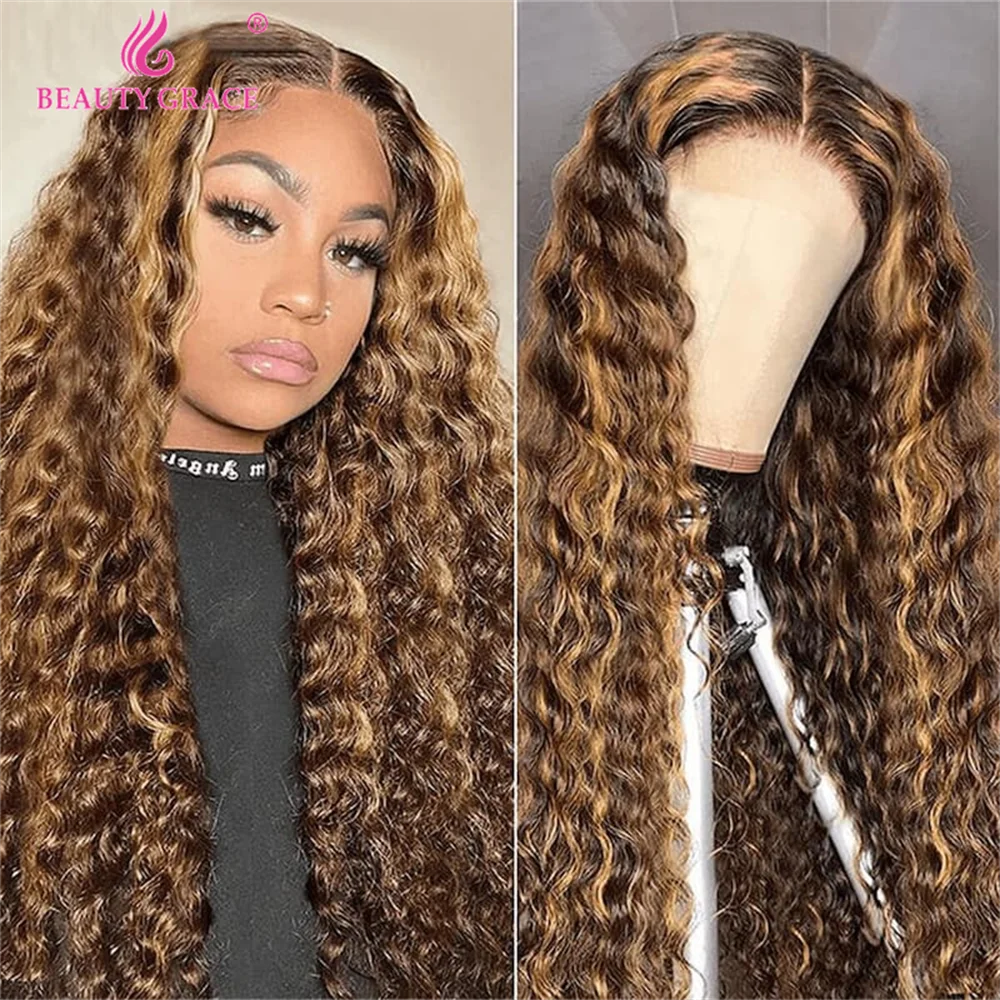 

Highlight 4/27 Honey Blonde Deep Wave Wig 13x4 Lace Front Wig 180% Density Human Hair Brown Wigs Beauty Grace