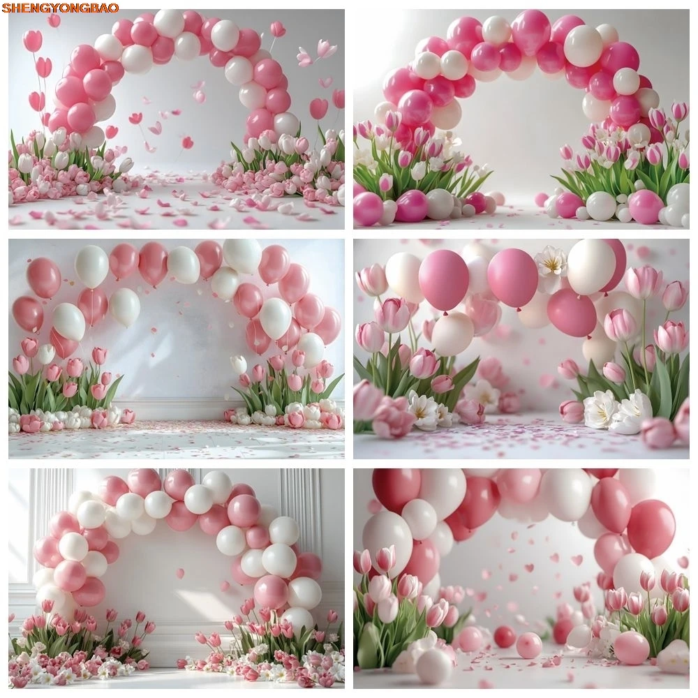 

Girls Birthday Party Photography Backdrop Pink Tulip Flowers Balloon Arch Baby Shower Portrait Photo Background Photostudio Prop