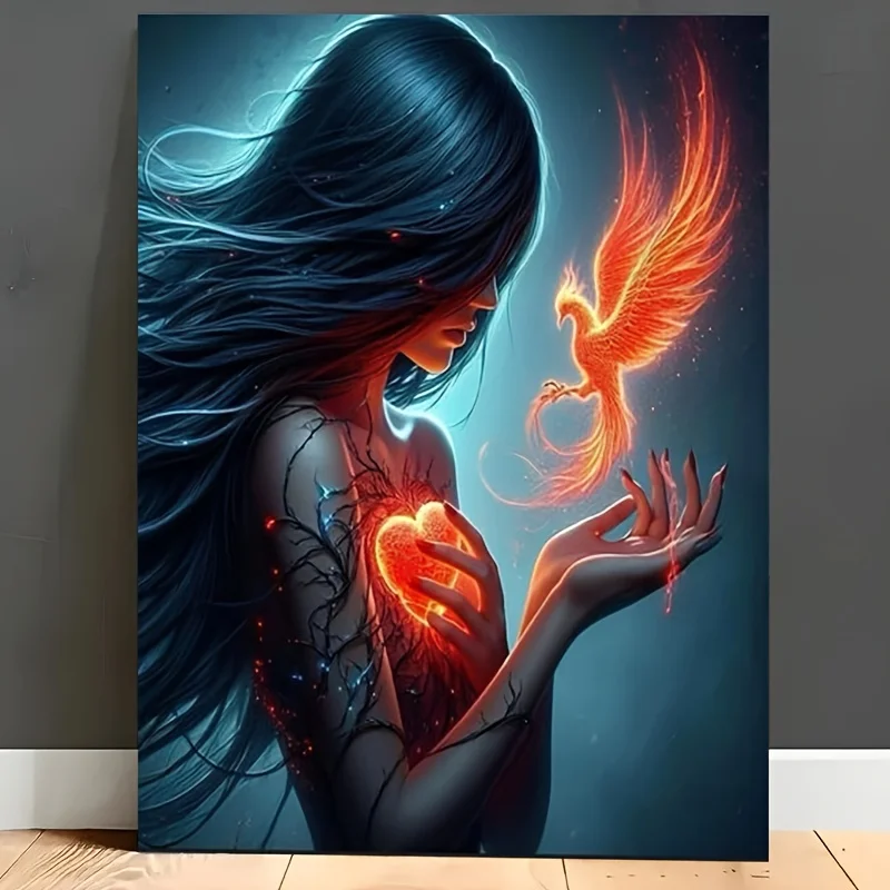 DIY-Ölgemälde nach Zahlen: Frau mit Feuer – Handgemaltes Acryl-Ölgemälde, einzigartiges Geschenk, Wandkunst, Heimdekoration
