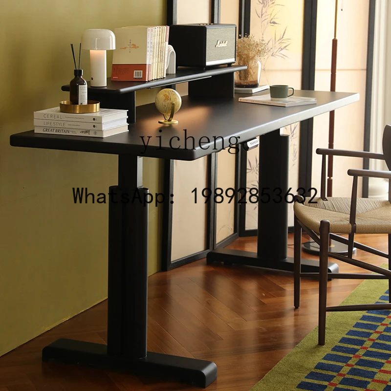 solid wood lifting desk cherry wood matte black retro smart study table