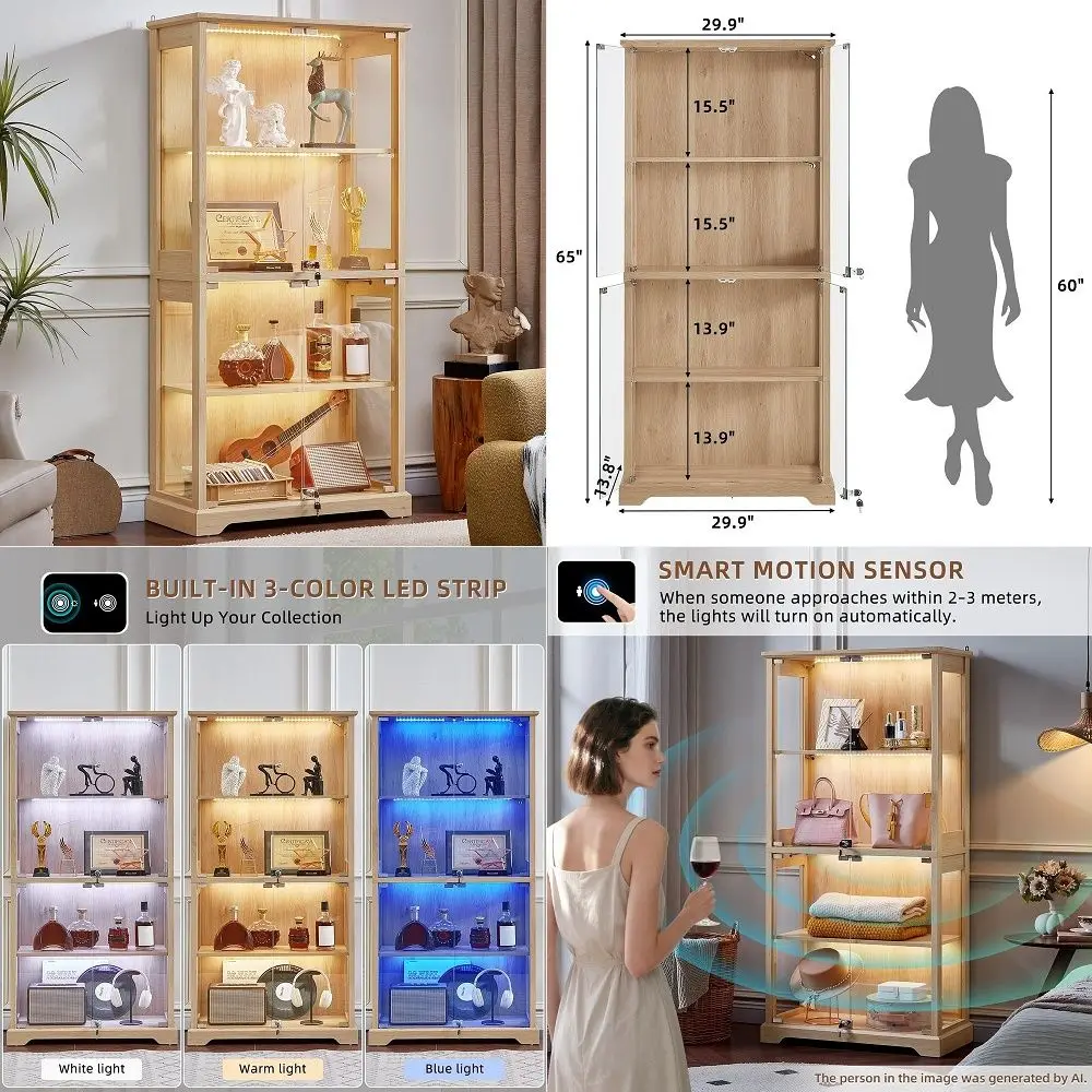 Farmhouse Glass Display Cabinet with Doors, Wooden Curio Cabinet for Collectibles with 3Color LED MotionSensor Light amp Reinfo