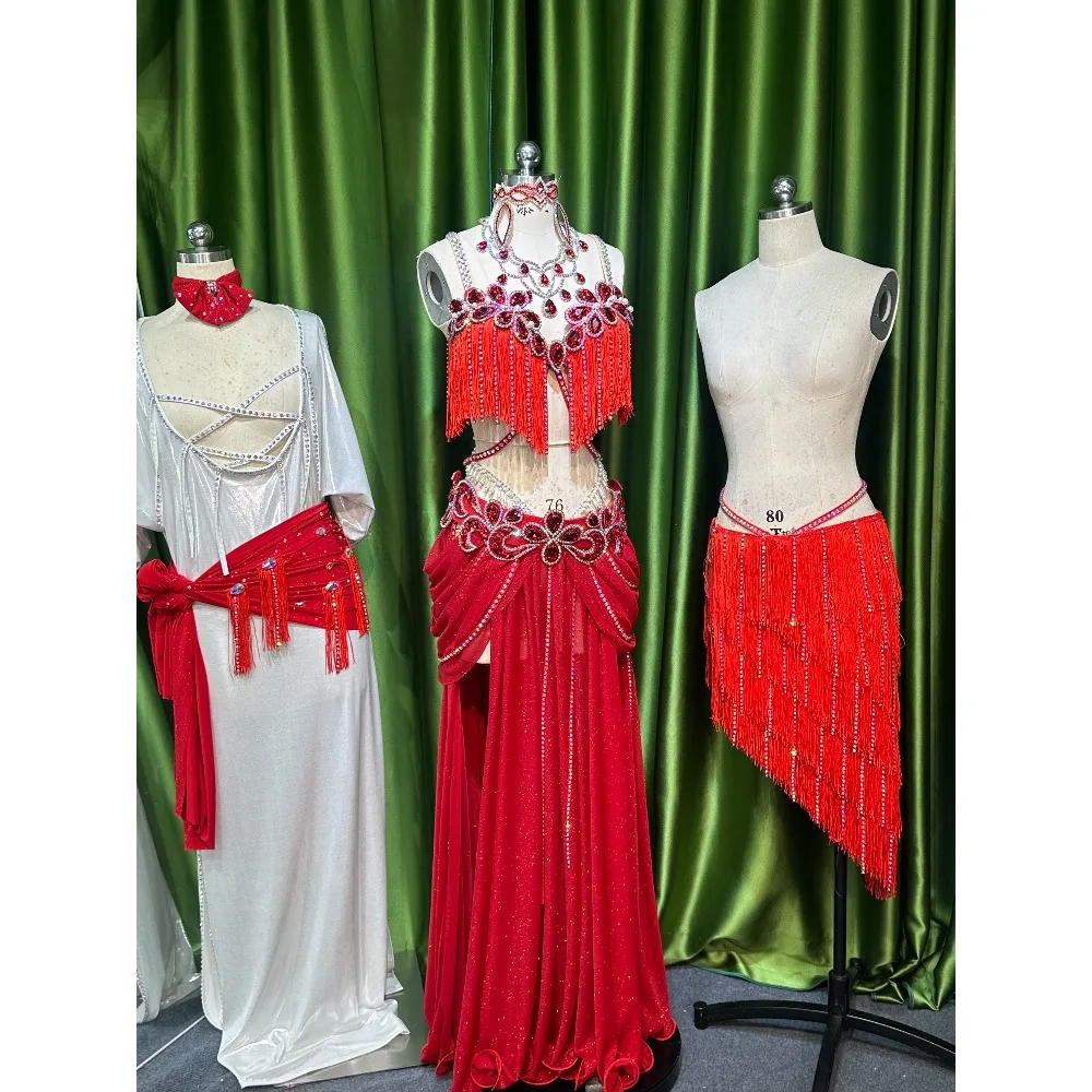 Customized Women Belly Dancewear Diamond Saidi Baladi Shabbi Folk Robe Bra Oriental Dance Group Competition Performance Dresses