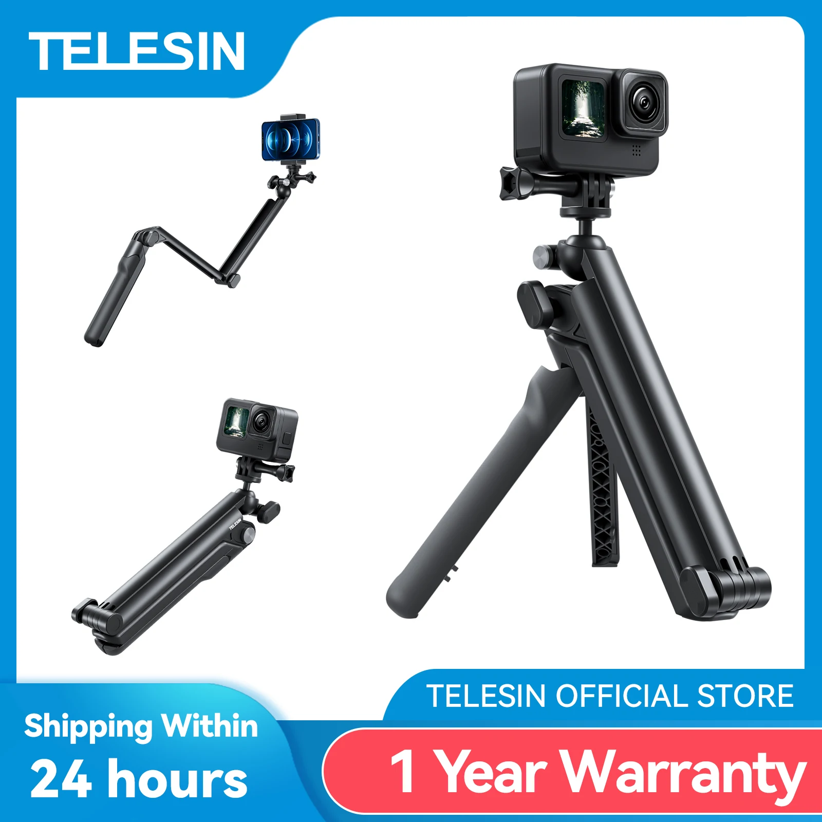 TELESIN 3 way Selfie Stick avec trépied poignée perche pour GoPro Hero Insta360 DJI Action téléphone intelligent Action caméra accessoires