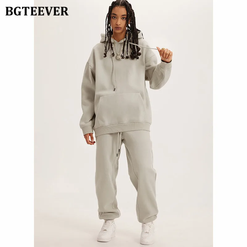 BGTEEVER Women Tracksuits Thicken Fleece Hoodies and Harem Pants Ladies Warm Trousers Set Winter Women Sweatshirts Set 25 Colors