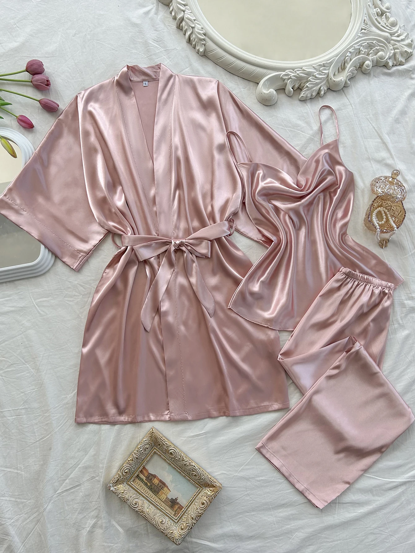 Pijamas de mujer con cuello en V de 3 piezas, bata Dexy de color sólido y pijama halter, conjunto de pijamas de poliéster para mujer