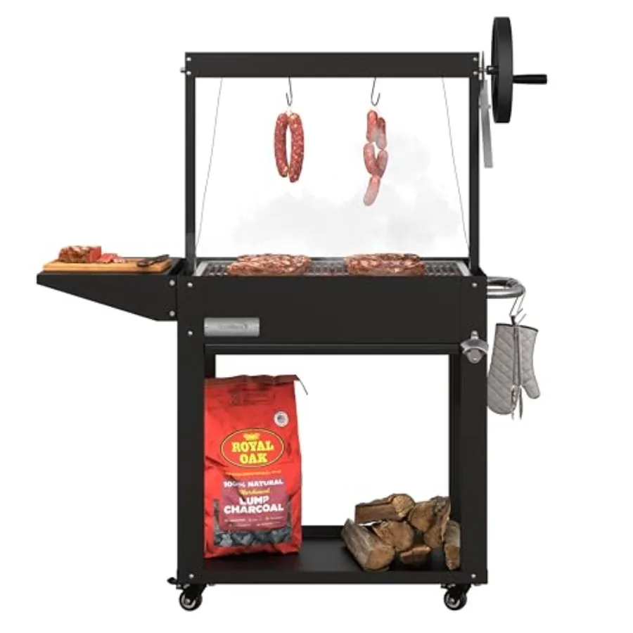 

50 in. Charcoal BBQ Grill for outdoor cooking, heavy-duty steel, charcoal black, Argentine-style with adjustable grate