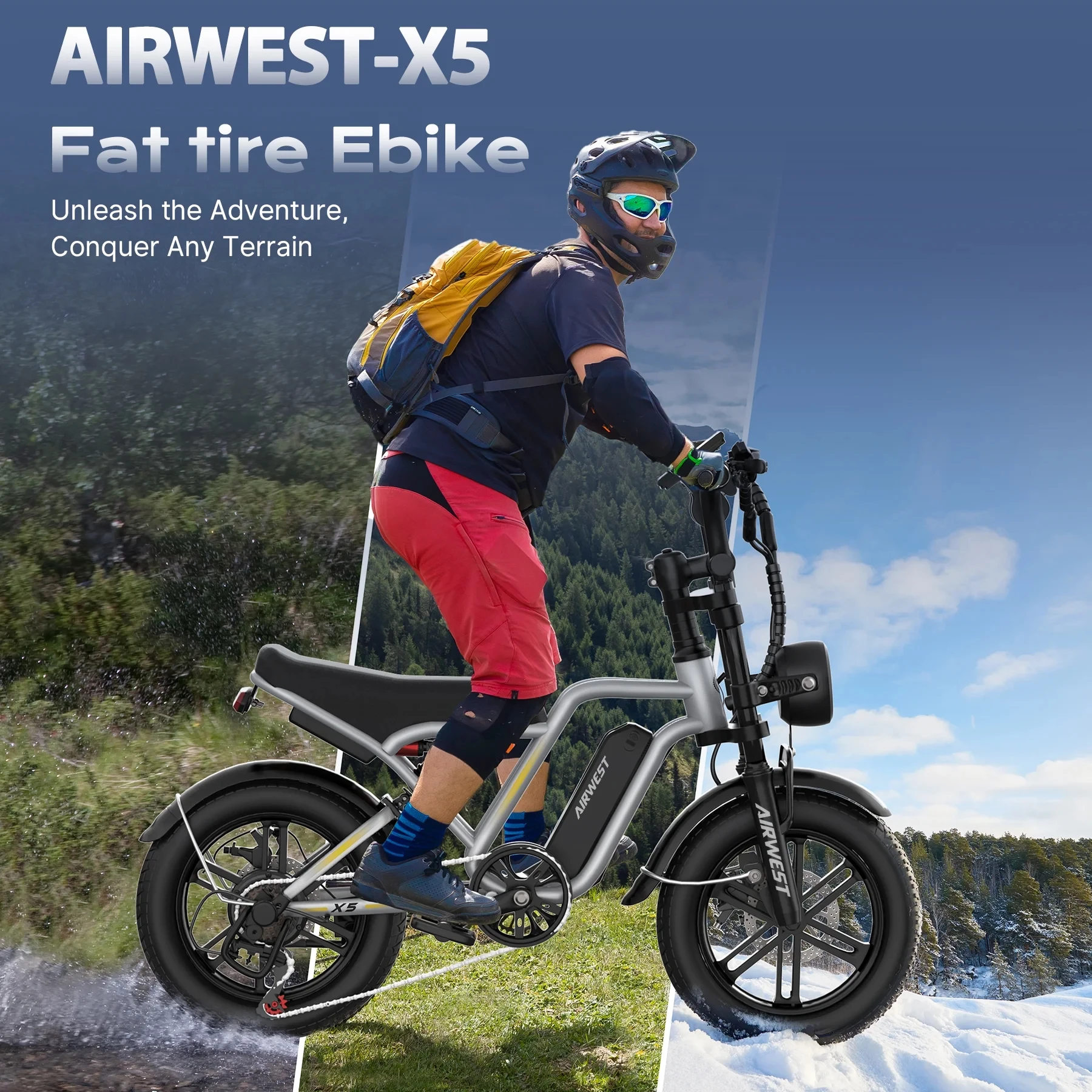 Airwest X5 Adult Electric Bike, 750W Peak Power, 48V 13Ah Battery, 20“*4 Fat Tire Ebike, 28MPH, UL 2849, 1 Year Warranty view 2