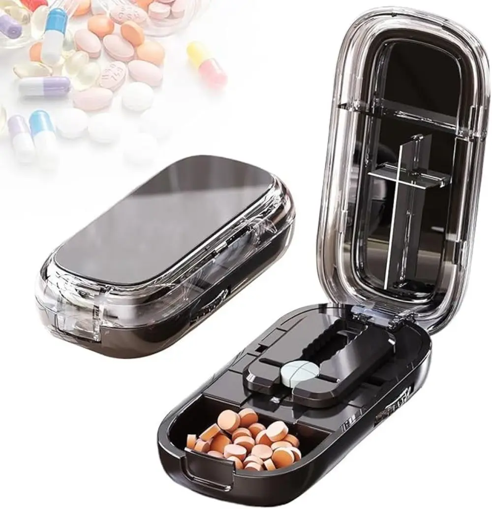 

2 in 1 Pill Cutter for Small Pills, 1/2 1/4 Splitter with Accurate Centering Device (Black)