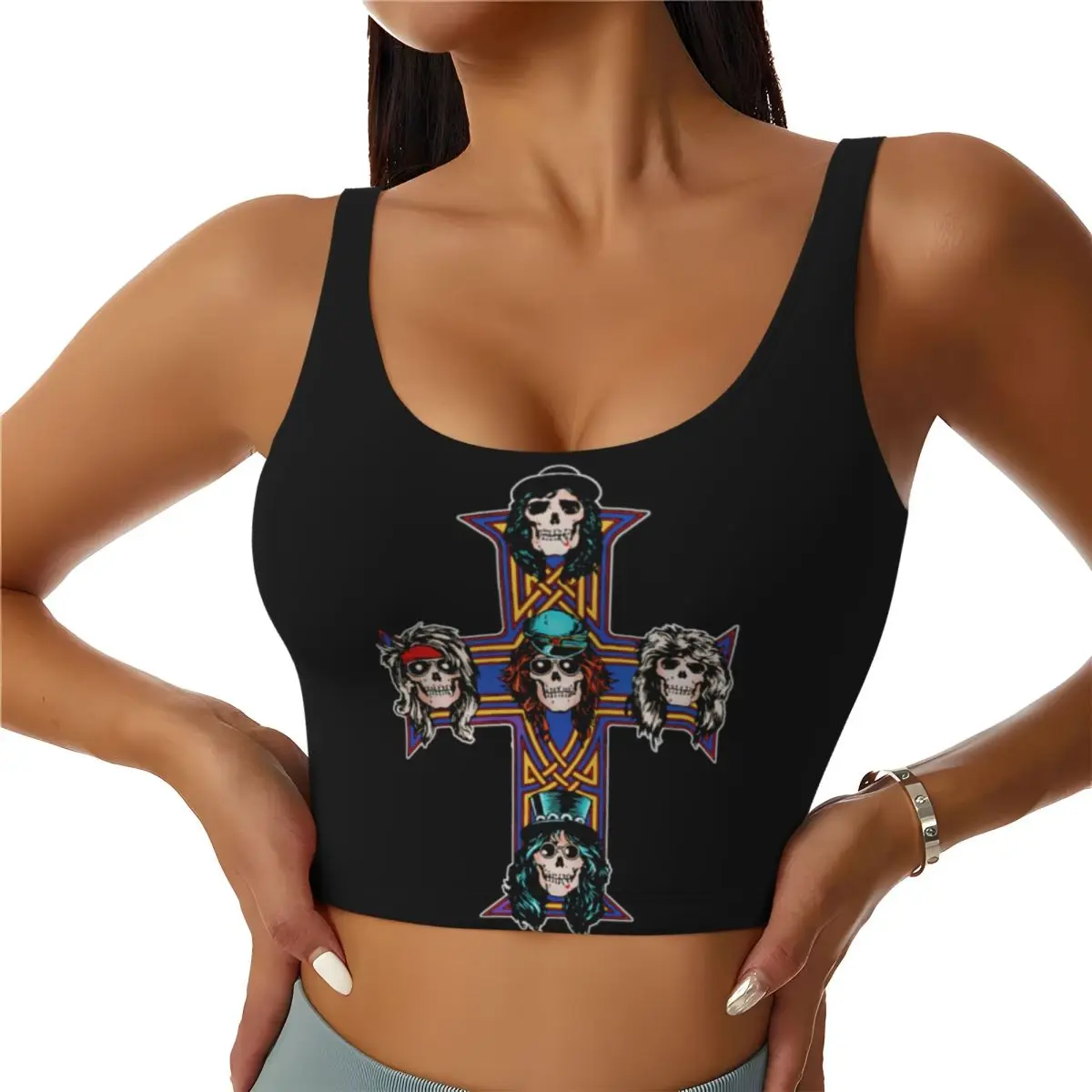 Custom Guns N Rose Logo Steampunk Music Print High Impact Sports Bras for Women Seamless Workout Yoga Crop Tank Tops