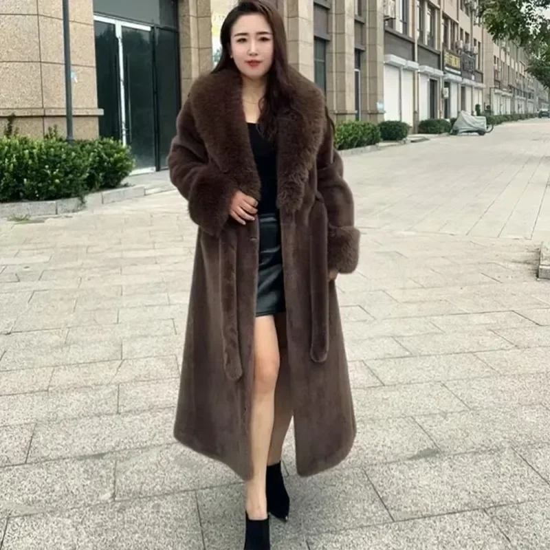 معطف نسائي من الفرو الصناعي مع حزام معطف كاجوال بنقشة الفهد موضة ملابس نسائية دافئة تقليد الثعلب بياقة كبيرة من الفرو سترات طويلة #3