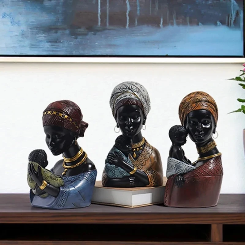 Resin African Exotic Black Mother And Child Statues Retro Figurines for Interior Mother's Day Gift Home Decorations