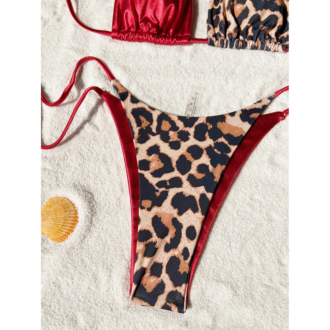 XS - L Leopardenmuster Neckholder-Bikini mit Satin-Details, Damen-Badeanzug, zweiteiliger Bikini-Set, Badebekleidung, Badeanzug, Schwimmanzug V4752SW – Detail 31