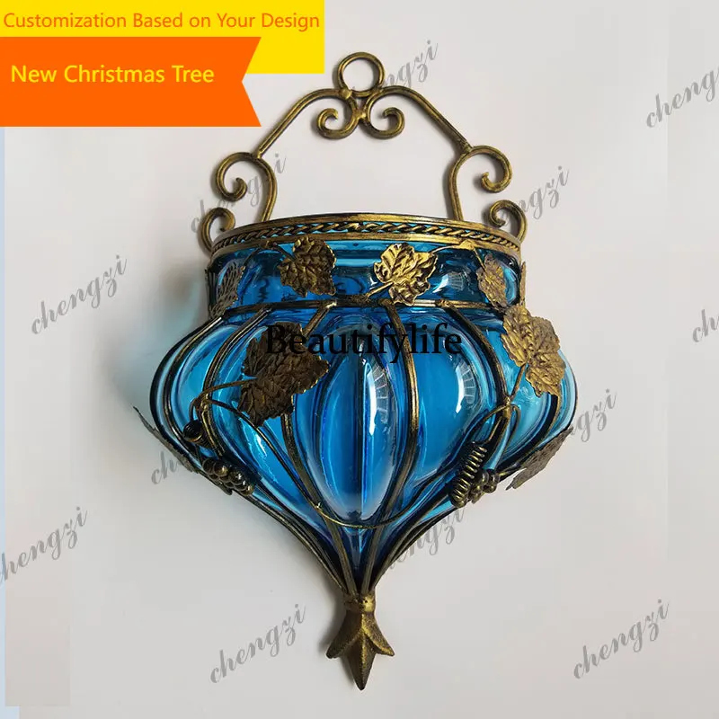 45 American retro wrought iron wall decoration, wall hanging, artificially blown glass vase wall decoration