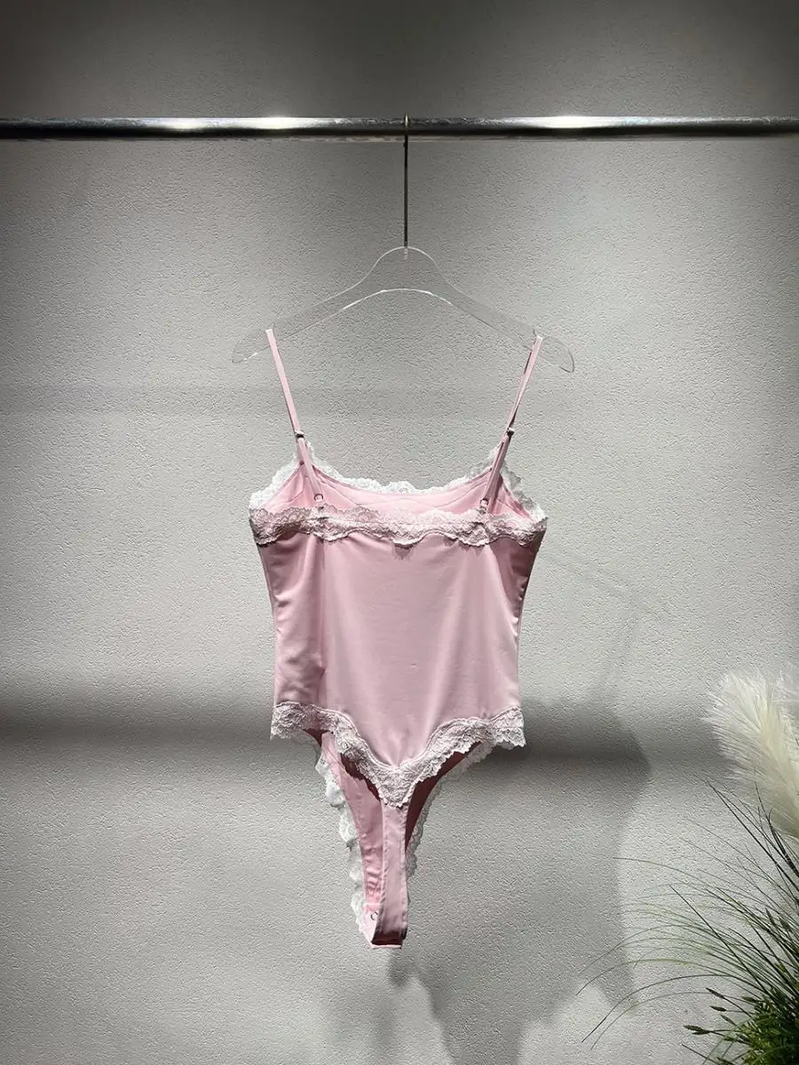 

Low-Waist e Lace Patchwork Pink One-Piece Women's Top Spring Summer New Sle Svel Cotton ort Pants