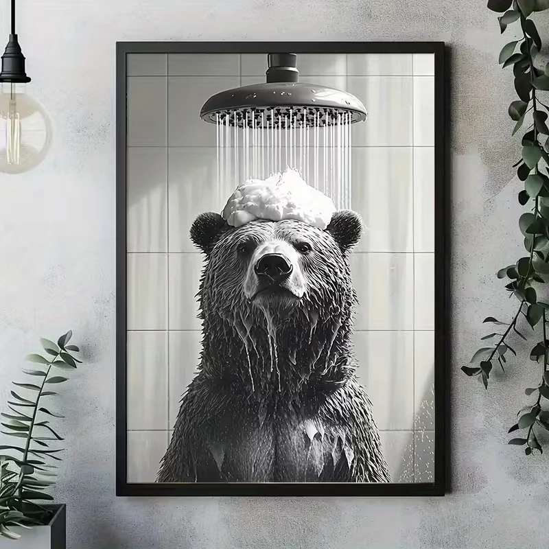 

Bear Prints Modern Bathroom Wall Decorations with Shower Heads Canvas Featuring Humorous Animal Art Black White Scene Posters