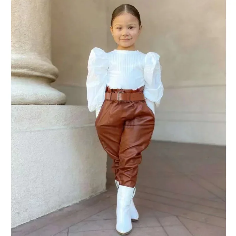 

1-6Y Kids Girls Autumn Clothes Sets Baby Puff Long Sleeve Ribbed Tops + PU Leather Long Pants + Belts Children Outfits