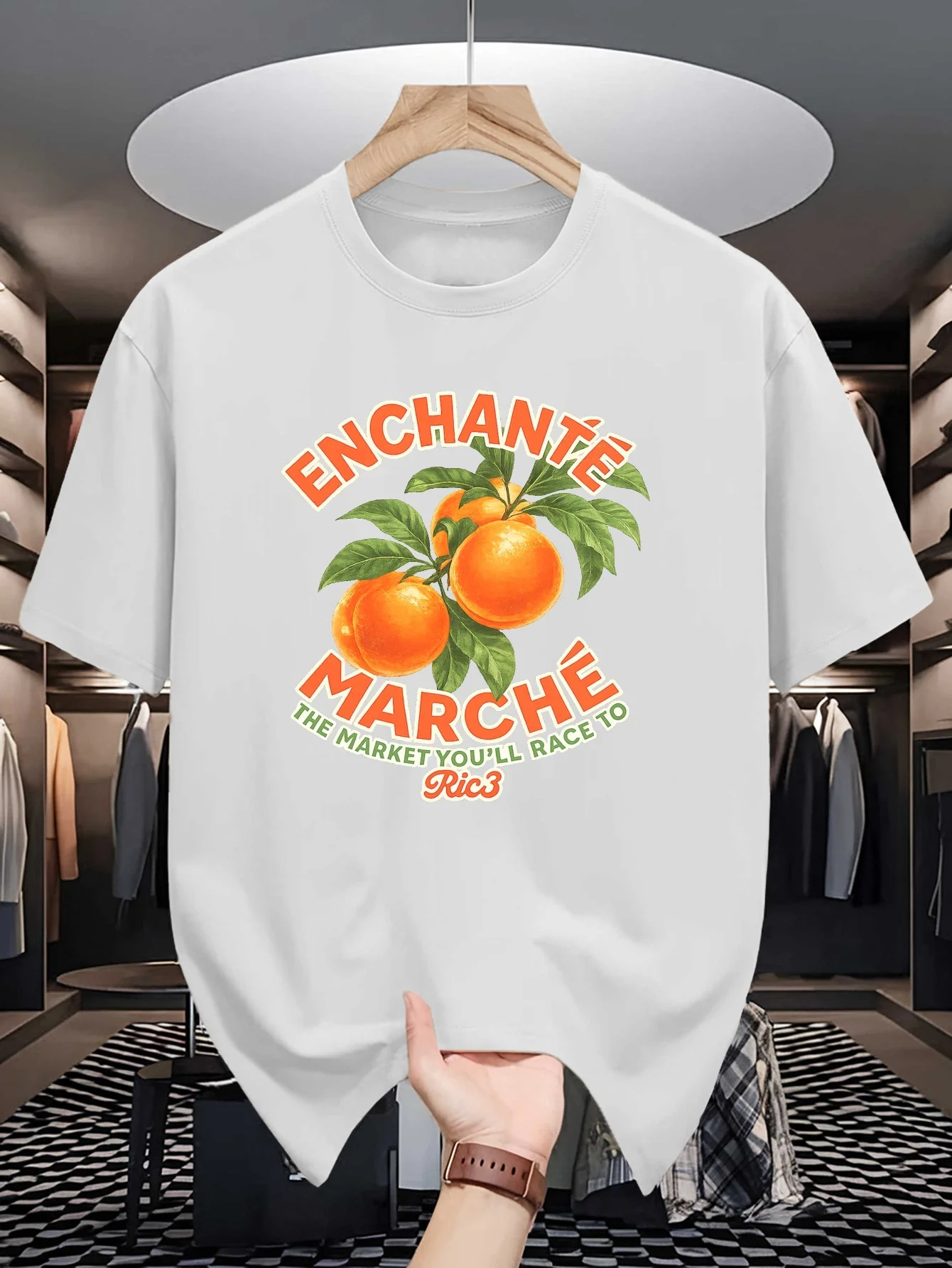 Retro French Orange Enchante Marche Graphic Mens T Shirt Crew Neck Cotton Tee Vintage Casual Top Present For Retro Art Male Fans