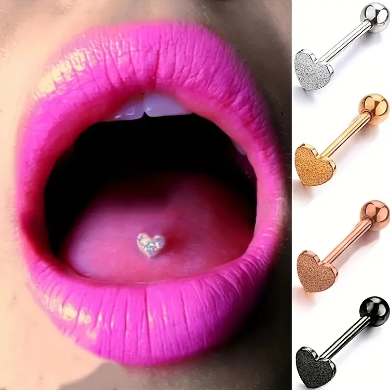 1pc 14G Multiple Colors Stainless Steel Tongue Barbell Rings With Matte Heart-shaped Nipple Labret Stud Piercing Jewelry