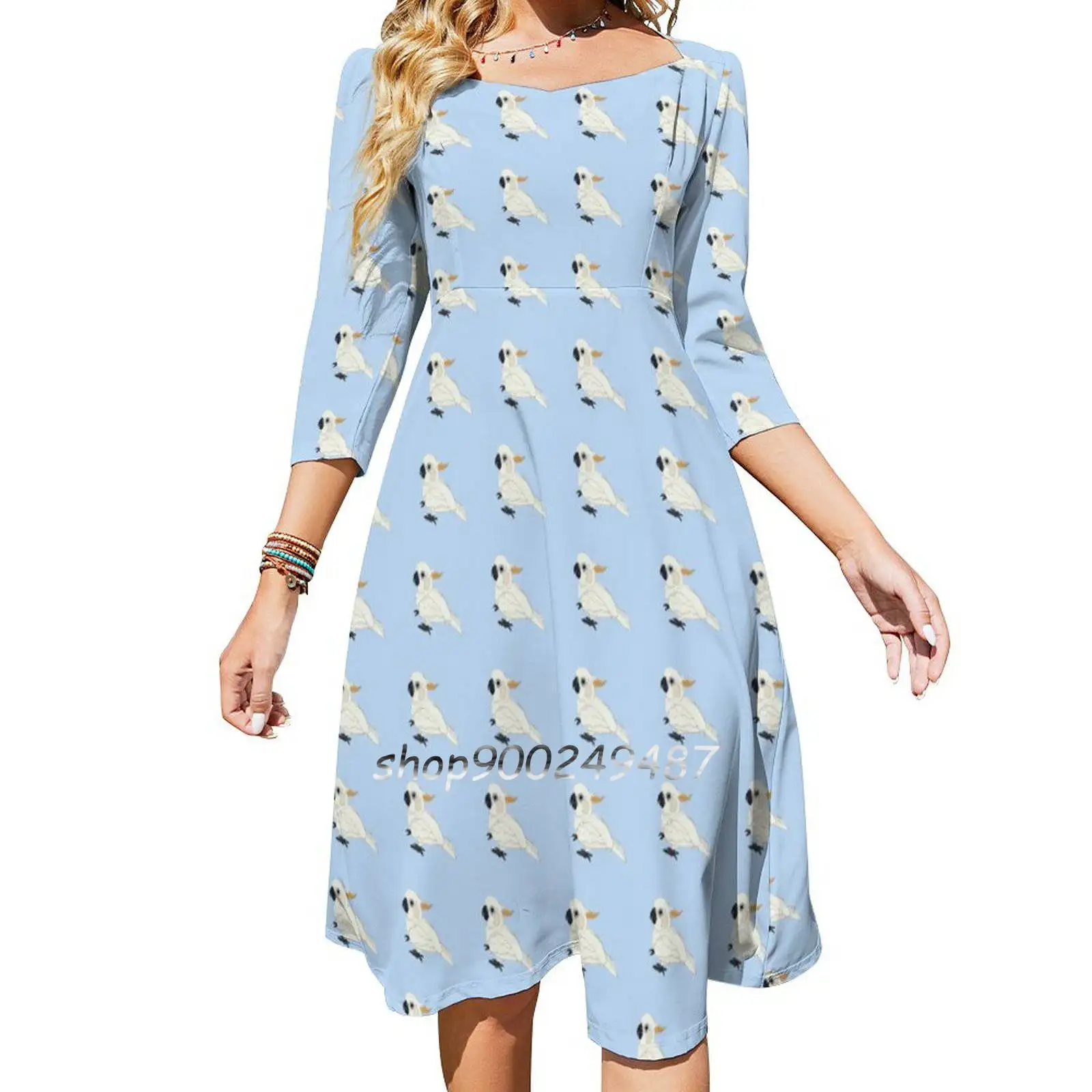 Citron Crested Cockatoo Sweetheart Knot Flared Dress Fashion Design Large Size Loose Dress Bird Birds Doodle Sketch