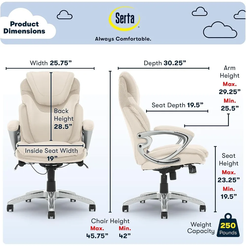 Executive Office Chair, , Comfortable Layered Body Pillows for Cushioning, SertaQuality Foam, Bonded Leather, Cream White