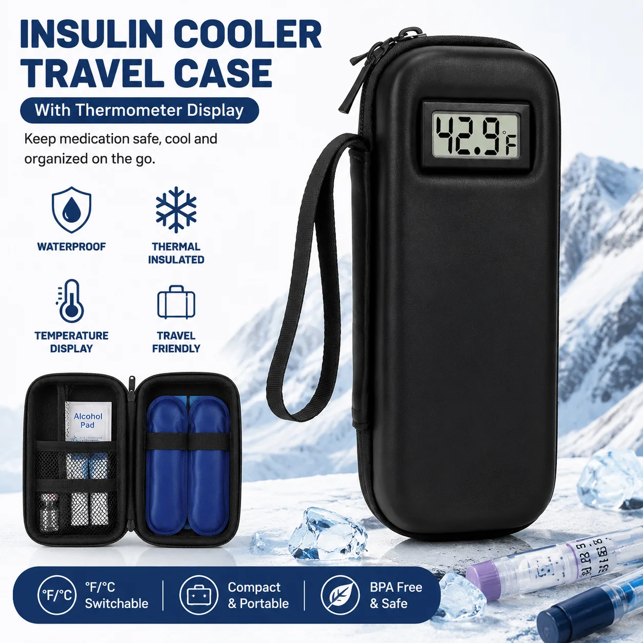 Waterproof Insulin Cooler Travel Case Reusable with Thermometer Display Medicine Organizer Bag for Diabetics Waterproof Thermal