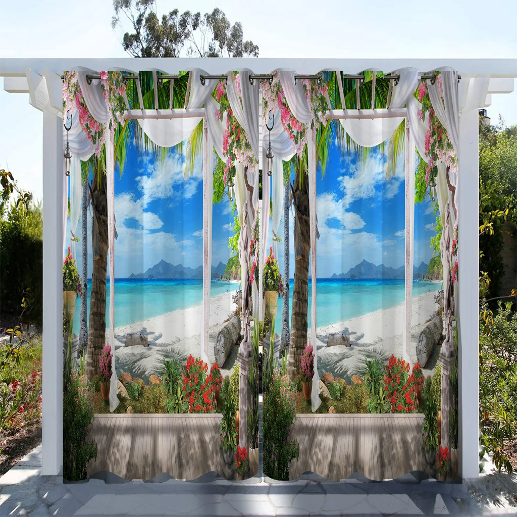 

1PC Outdoor Waterproof Curtains Vacation Scenery Print,Contemporary Style, Light-Filtering Polyester Eyelet Landscape Ocean Sky