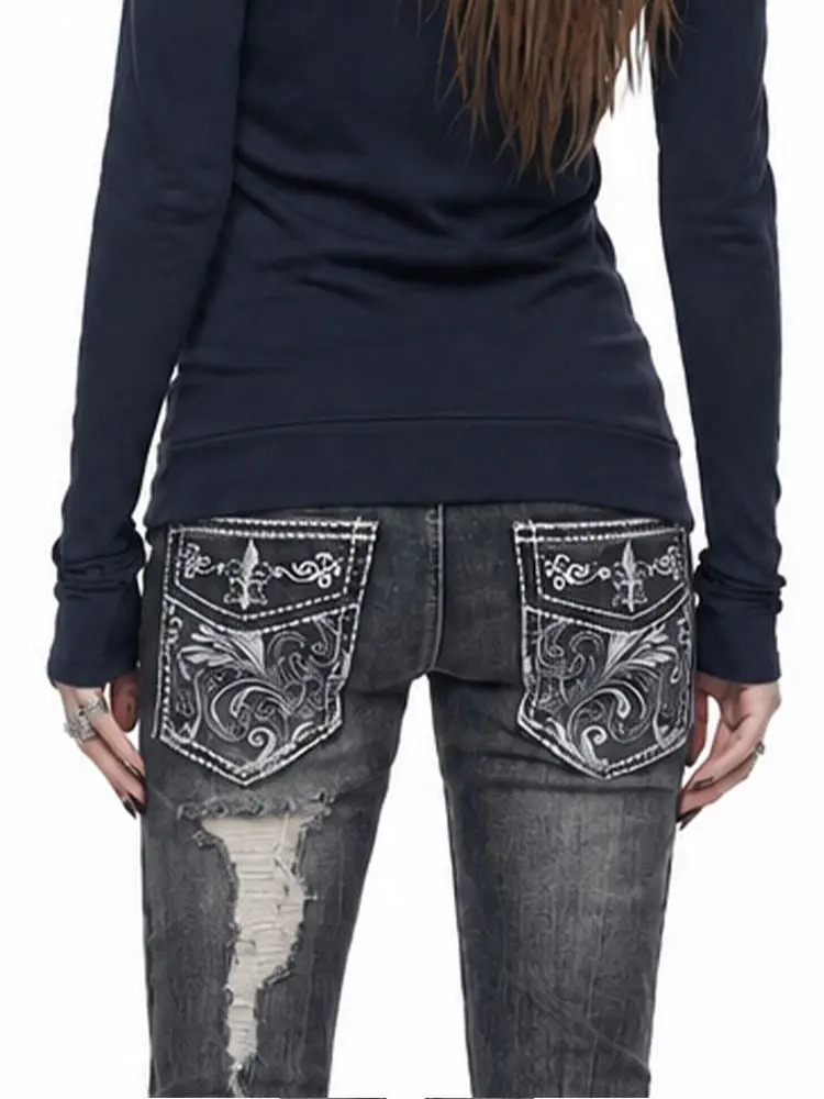 Women's Retro Y2k Street Hole Slim Jeans 90s Sweatpants Slim Girls Straight Trousers Female High Waist Wide-leg Sexy Pants