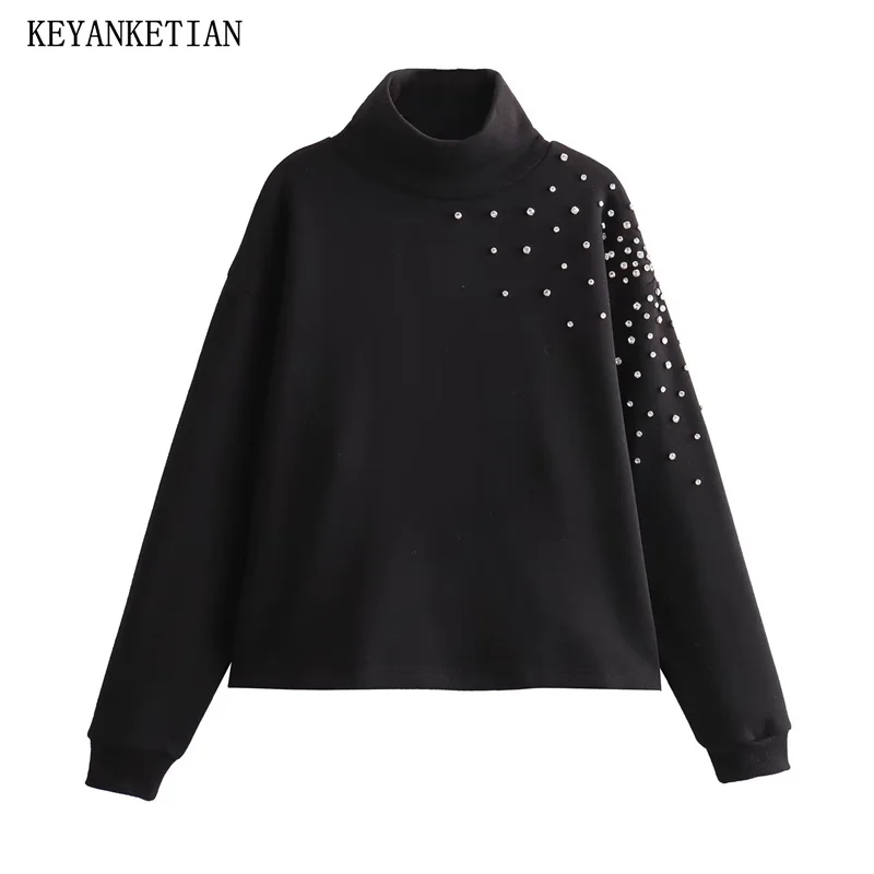 KEYANKETIAN Winter New Women's Shiny Artificial Gemstone Decoration High Neck Oversize Loose Pullover Fashion Sweatshirts Top