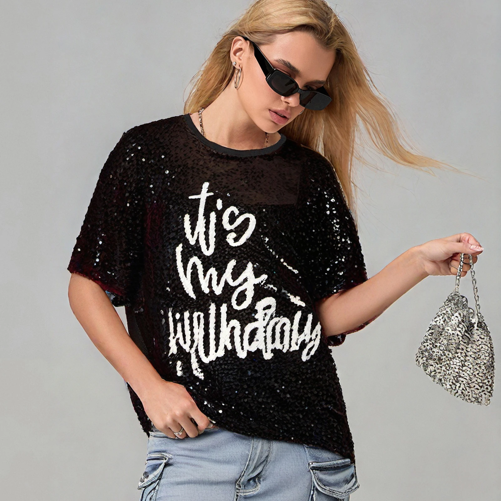 Women's Sequin T Shirt Dress Short Sleeve Round Neck Letter Print Oversized Tops Party Dress