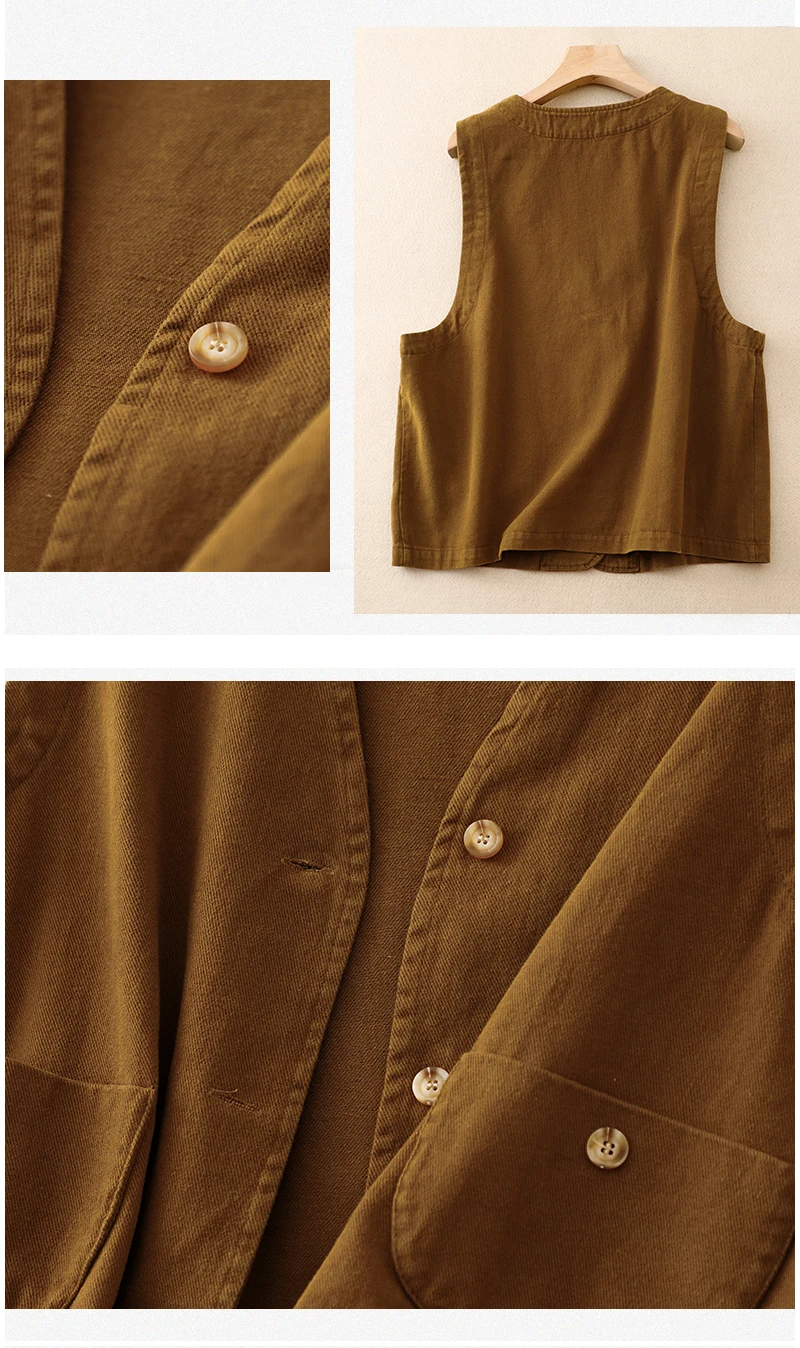 ฤดูใบไม้ผลิฤดูใบไม้ร่วงผู้หญิง Vintage Cotton Cargo Vest V คอปุ่มเสื้อแขนกุดเสื้อกาแฟสีดําสีแดงสีเหลืองเสื้อสเวตเตอร์ถักเสื้อกั๊ก