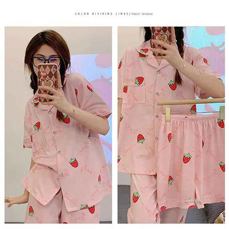 Three-Piece Ladies Summer Pajamas New Short-Sleeved Long Pants Casual Comfortable Cute Sweet Senior Sense Of Homewear Set