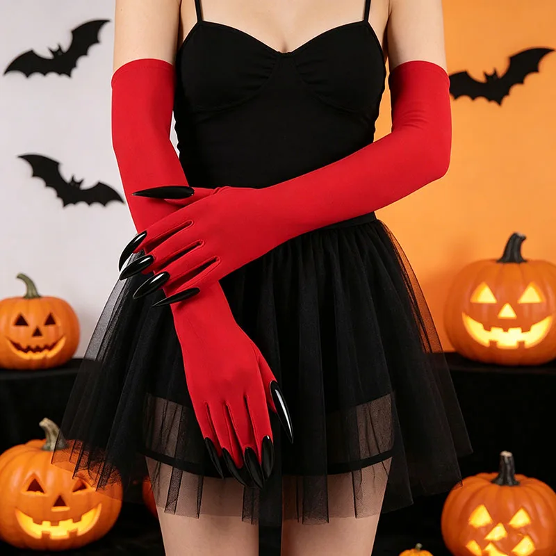 For Women Scary Ghost Claw Black Halloween Gloves Long Nails Witch Cosplay Costume Mittens Halloween Costume Accessories Props