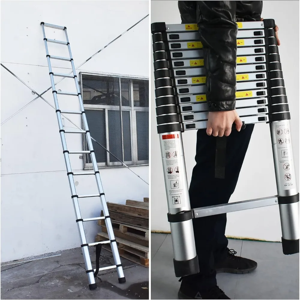 Escalera telescópica de aluminio de 14,5 pies-4,4 M, escalera de extensión plegable portátil retráctil de un botón para uso en interiores y exteriores