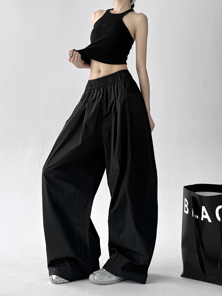 กางเกงขายาวทรงหลวมเอวสูงผ้าบางแห้งเร็วสำหรับผู้หญิง ฤดูร้อน 2025 สไตล์ลำลอง ผ้าผสมคอตตอนใส่สบาย
