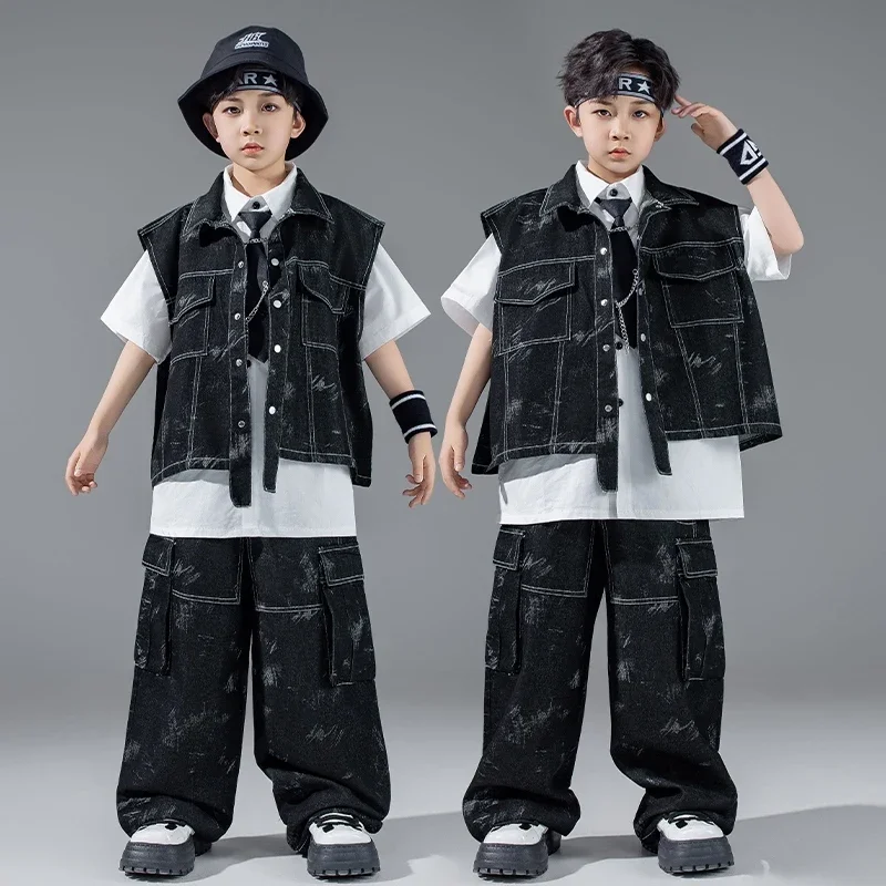 

Boys Street Dancewear Jazz Outfit Cool Black Dance Performance Suit Strip Shirt Shuffle Pants Kids Hip Hop Stage Costume