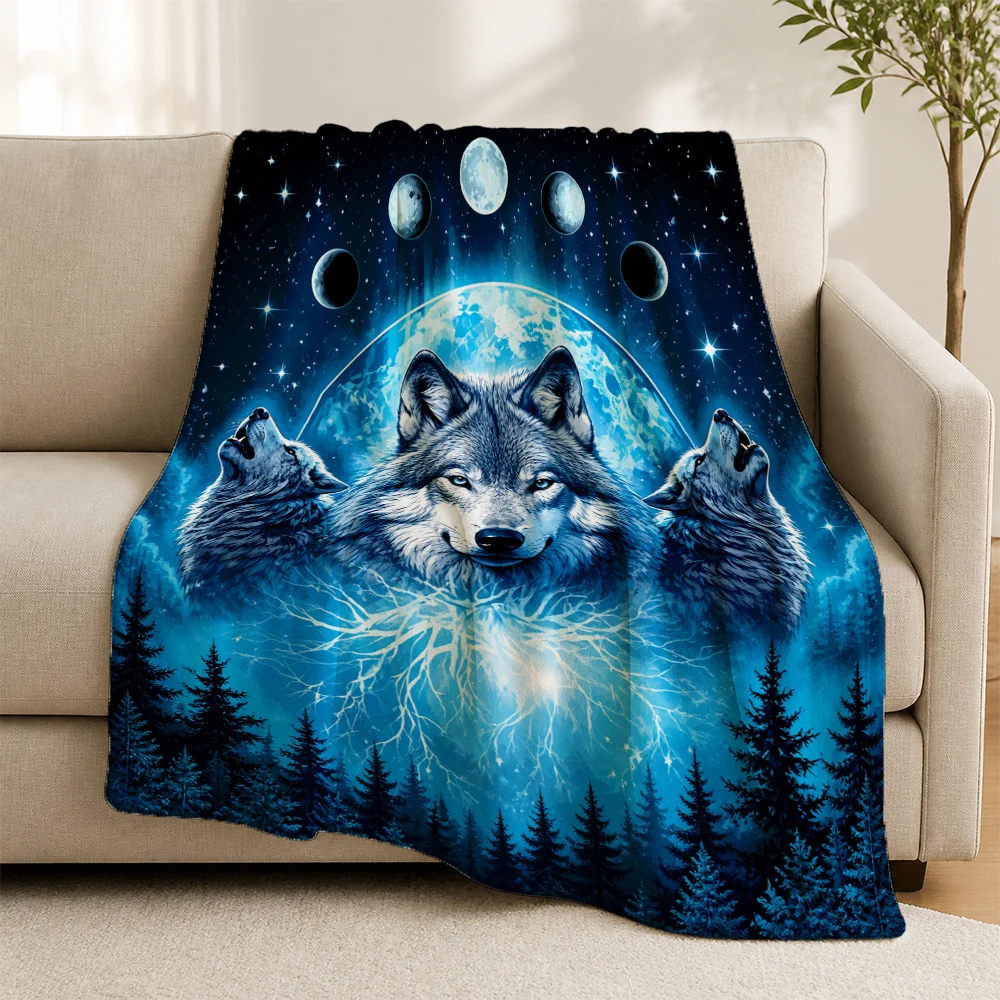 Luxurious Wolf Family Cosmic Starry Night Throw Blanket Sofa Decor Woodland Aesthetic Boho Chic Cozy Winter Home Gift