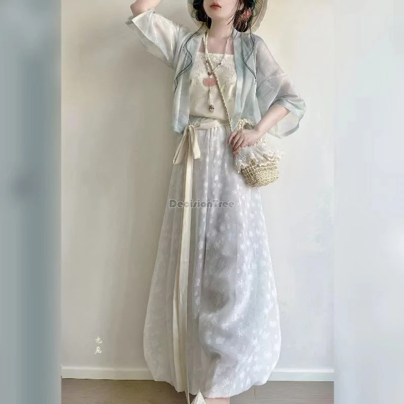 

2026 new chinese-style traditional song dynasty hanfu set coat vest long pants women fairy daily modern loose printed hanfu set