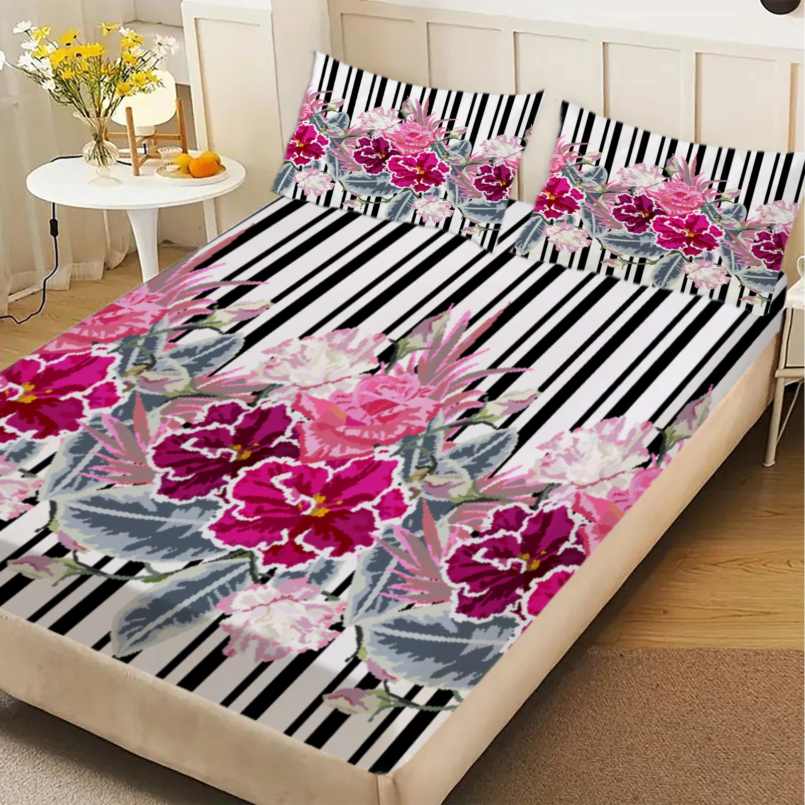 3pcs Fitted Sheet Set Zebra Stripes With Red Flowers Easy Care Durable Bed Sheet With Pillowcases For Bedroom Decor