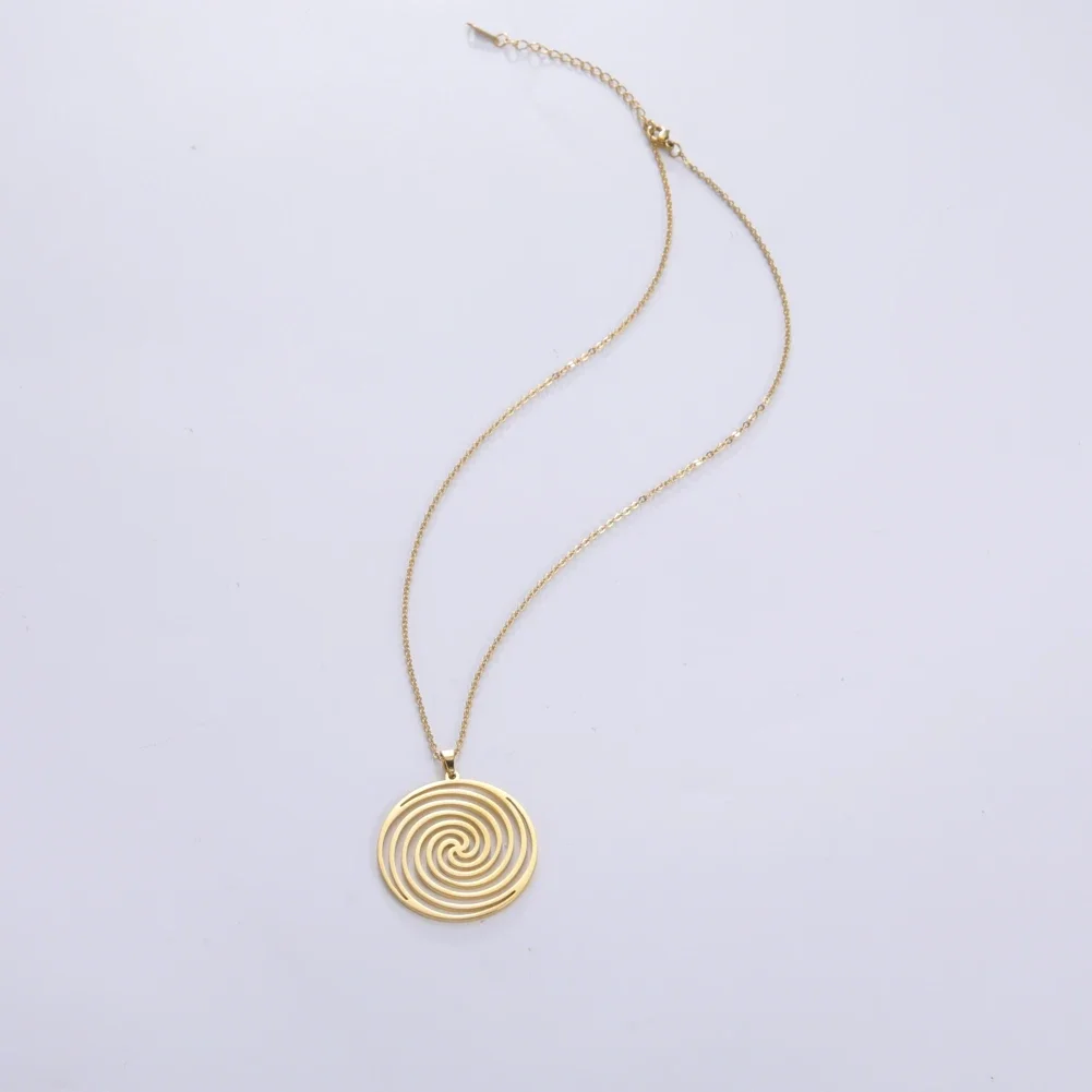 Skyrim Geometric Spiral Round Pendant Necklace Stainless Steel Gold Color Swirl Neck Chains Jewelry Valentine Gift for Women Men