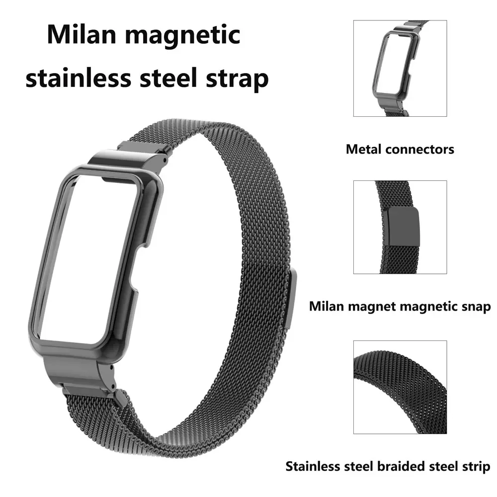 Milanese nadaje siฤ do Huawei Band 7 & 8, Milanese pasek magnetyczny, skรณrzany pasek, metalowa obudowa dla Huawei Band 87 pasek zastฤpczy