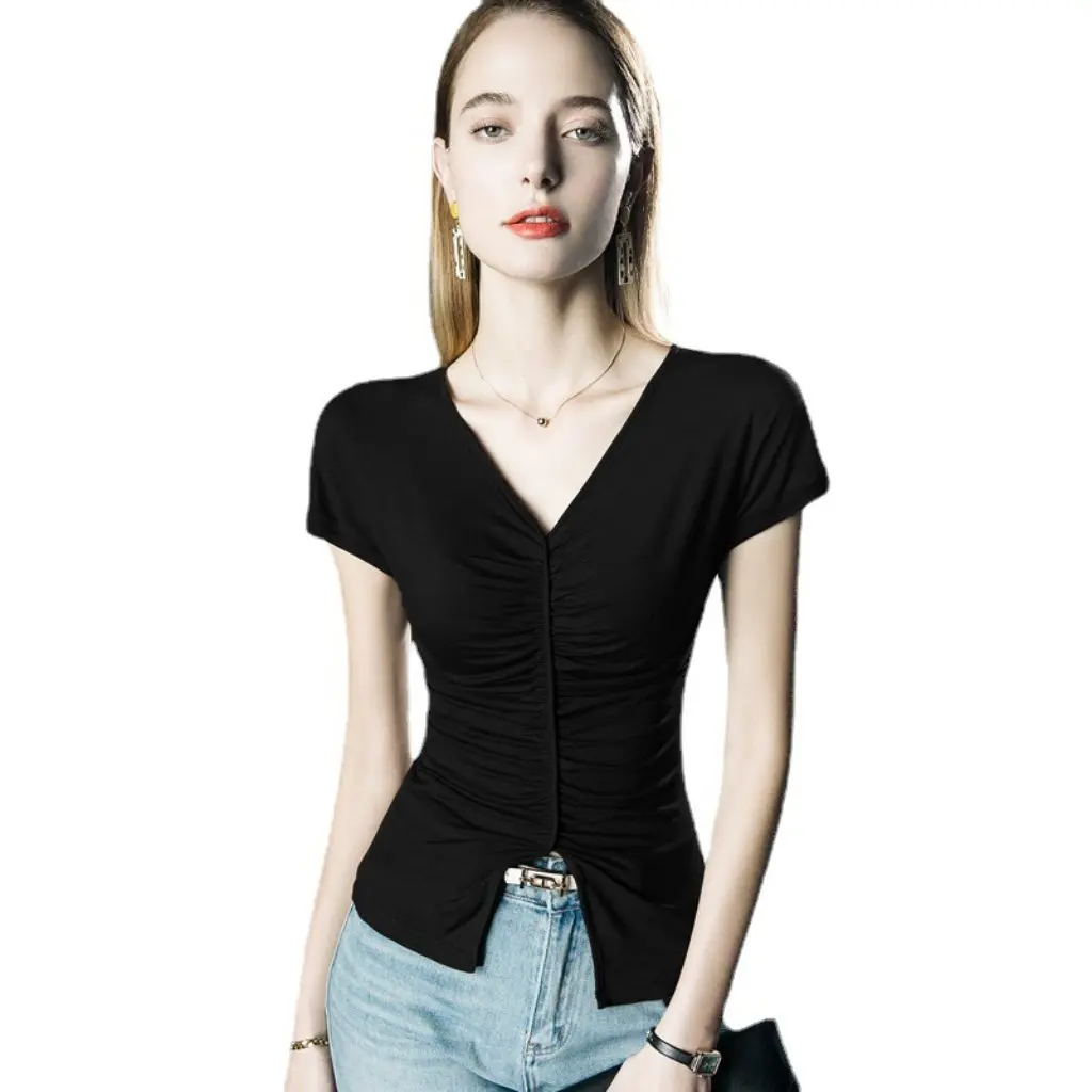 

Elegant Cap-Sleeved V-Neck T-Shirt for Women Pleated Split Short-Sleeved Summer Stylist Top