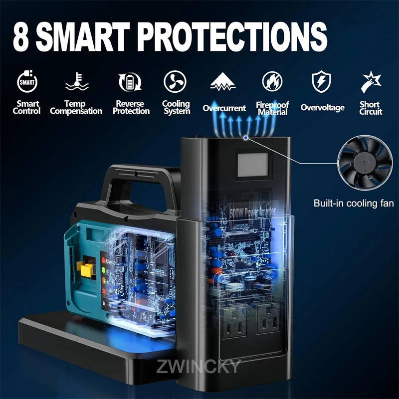500W Sine Wave Power Inverter with USB Type-C Cigarette Lighter Port 4-Ports Charger For Makita/Dewal/Milwaukee/Bosch/Ryobi