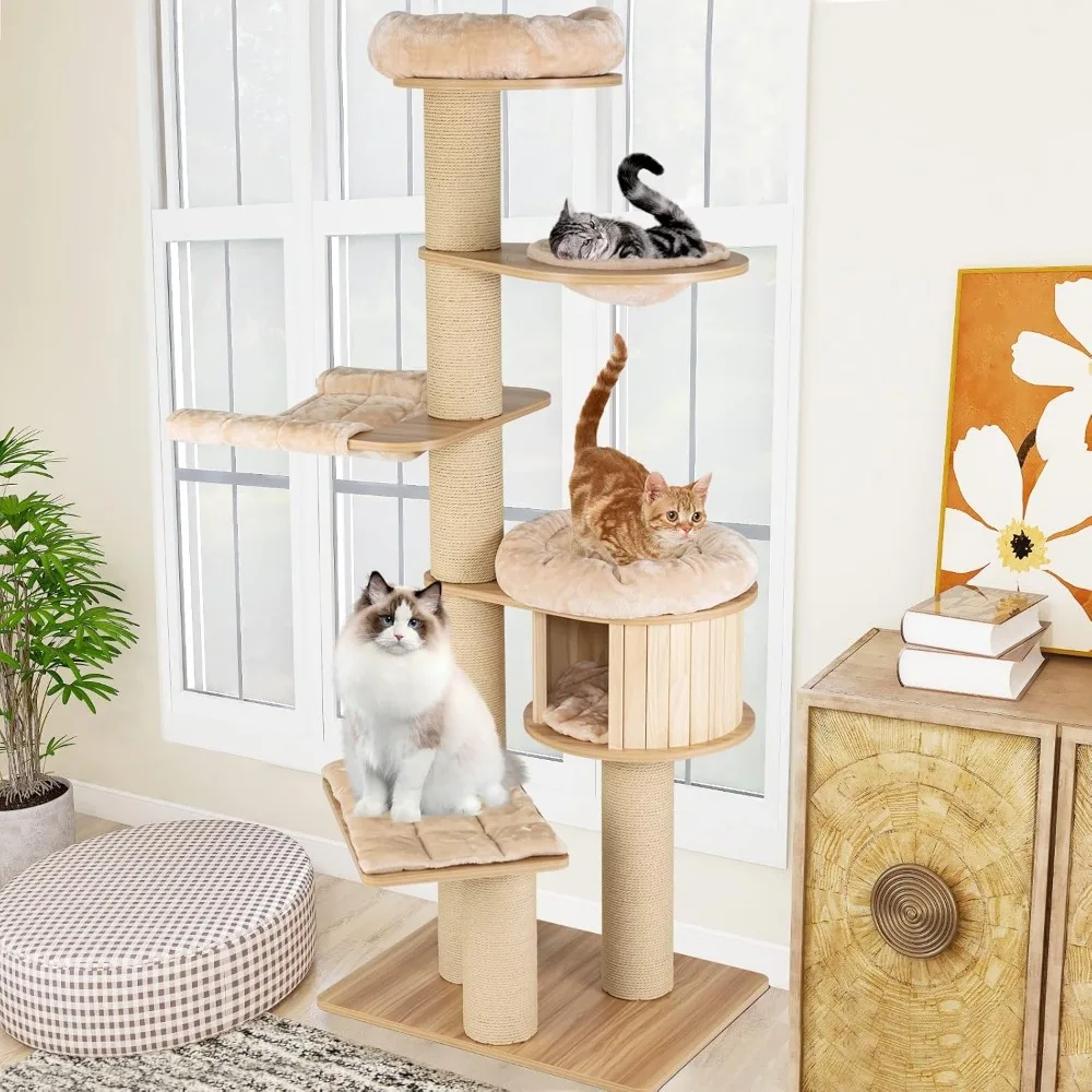 

Large Cat Tree Tower, Multi-Level Tall Cat Tree with Sisal Posts, Hammocks, Hanging Basket, and Cat Condo, Washable Cushions