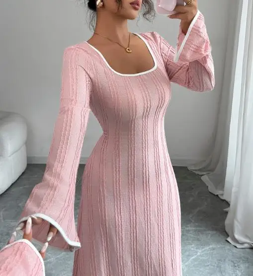 

Slim Simple Long Sleeve Dress for Women's Wear In Autumn Winter 2025 Square Neck New Fashion Female Sweet Casual A-Line Dresses