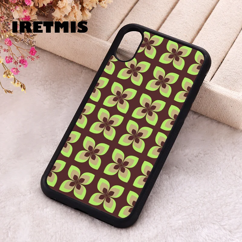 Iretmis Phone Cover Case For iPhone X XS Max XR 11 12 13 PRO MINI 14 15 16 Plus Rubber Retro Seventies Floral Pattern Green