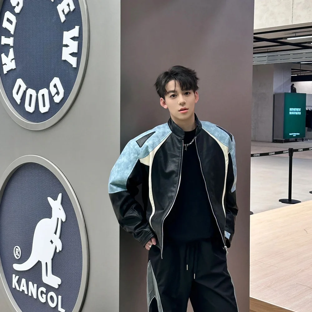 

Мужская мотоциклетная кожаная куртка с цветными блоками, гоночное пальто из искусственной кожи, женское весеннее новое пальто с воротником-стойкой в стиле хип-хоп, уличная верхняя одежда